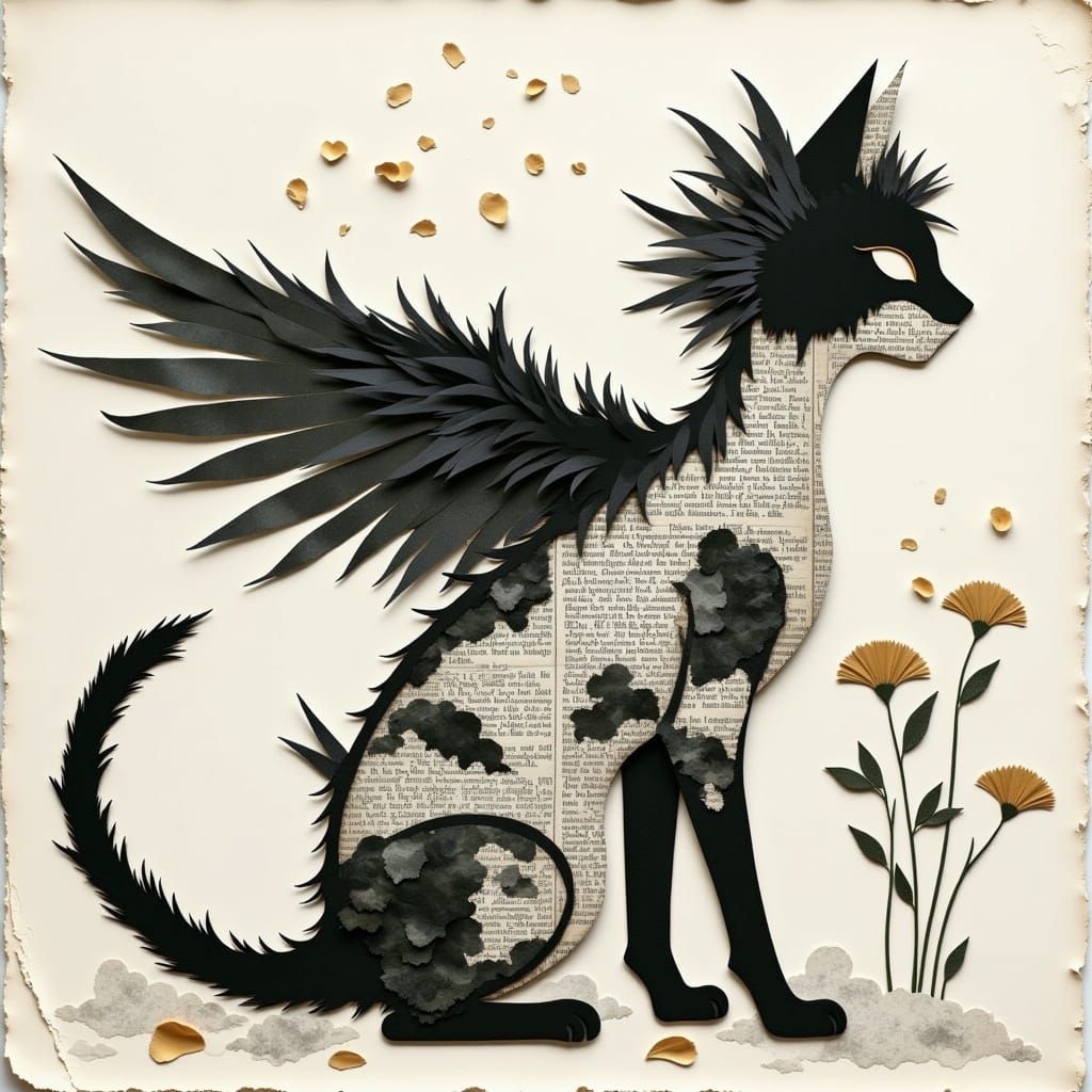 Geometric Winged Cat in Dadaist Collage Style