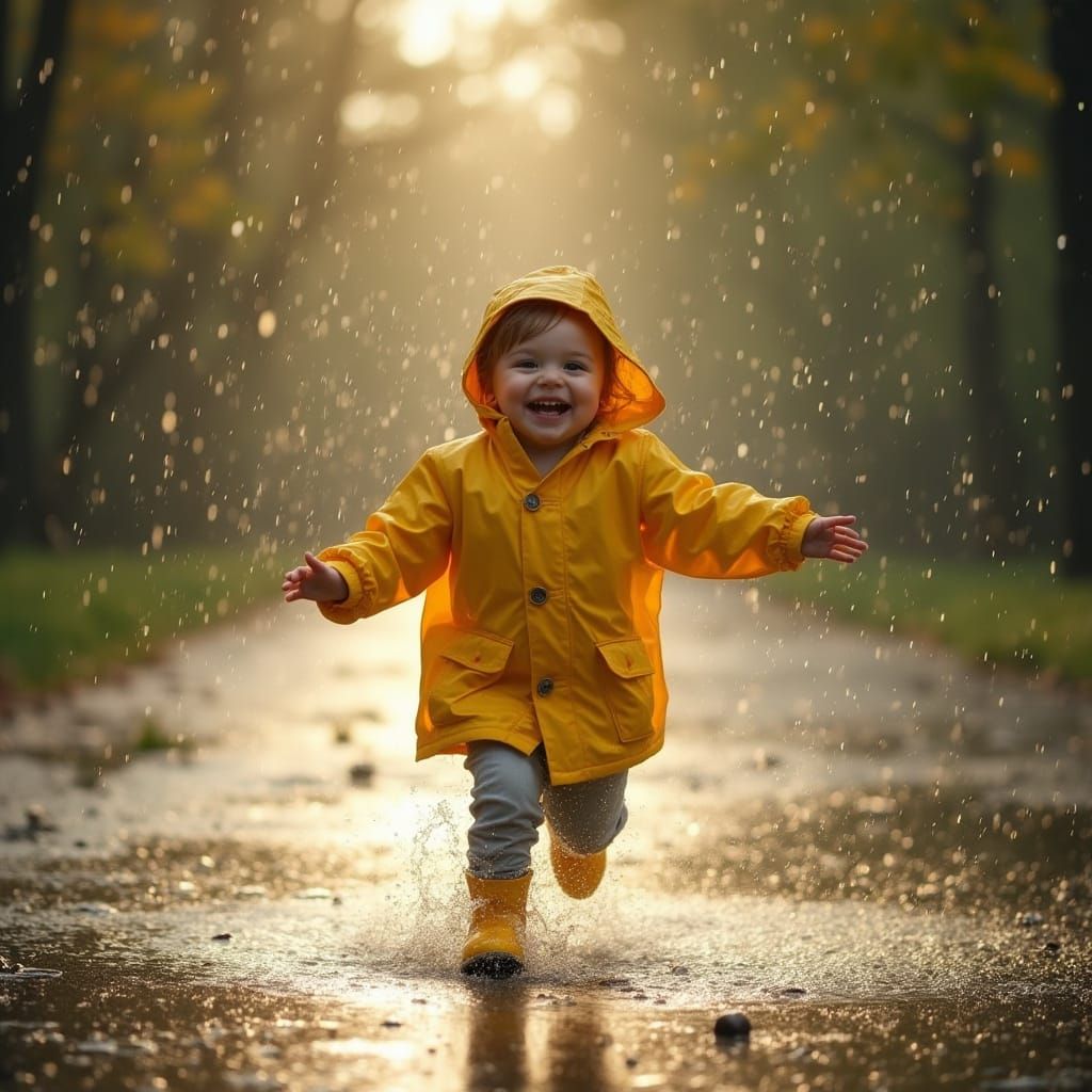 Child's Joyful Dance in Rainy Puddles, in Cinematic Style