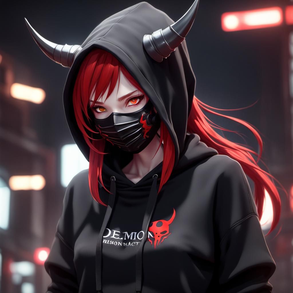 Anime Demon Girl in Hoodie: 3D Render