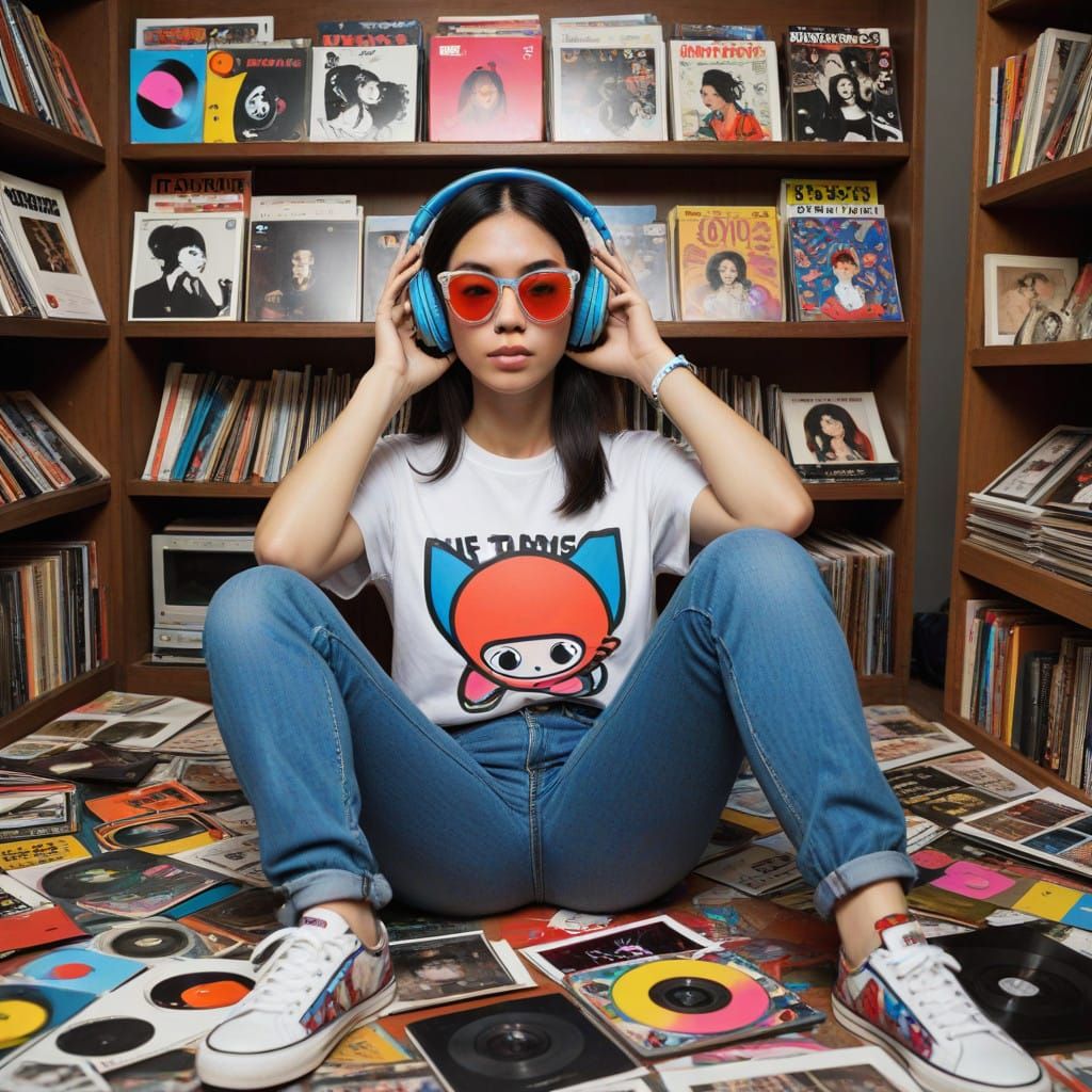 Young Music Lover Surrounded by 90s Nostalgia