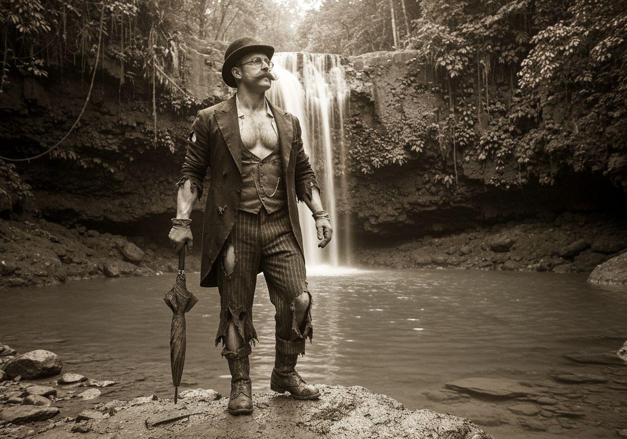 Edwardian Gentleman's Jungle Waterfall Discovery: Sepia-Tone...