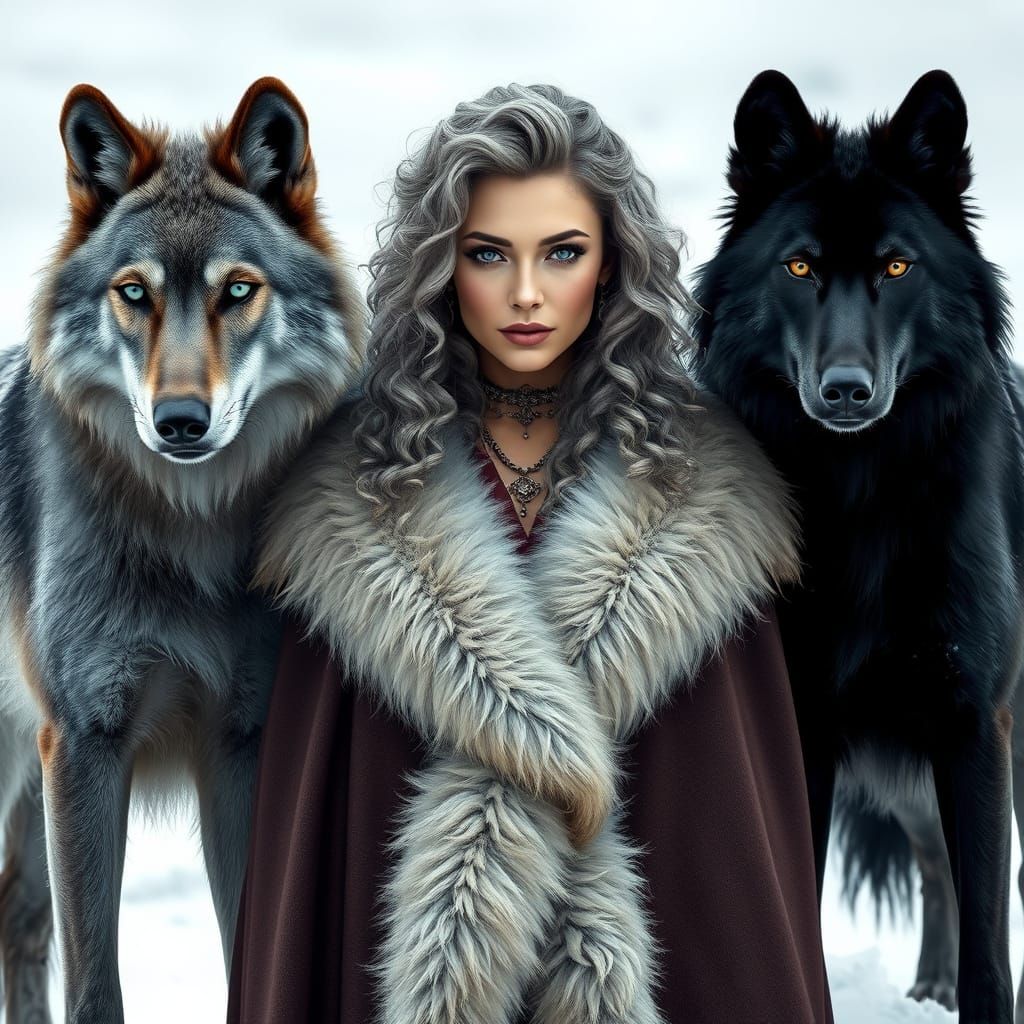 Regal Woman with Direwolves in Winter Landscape