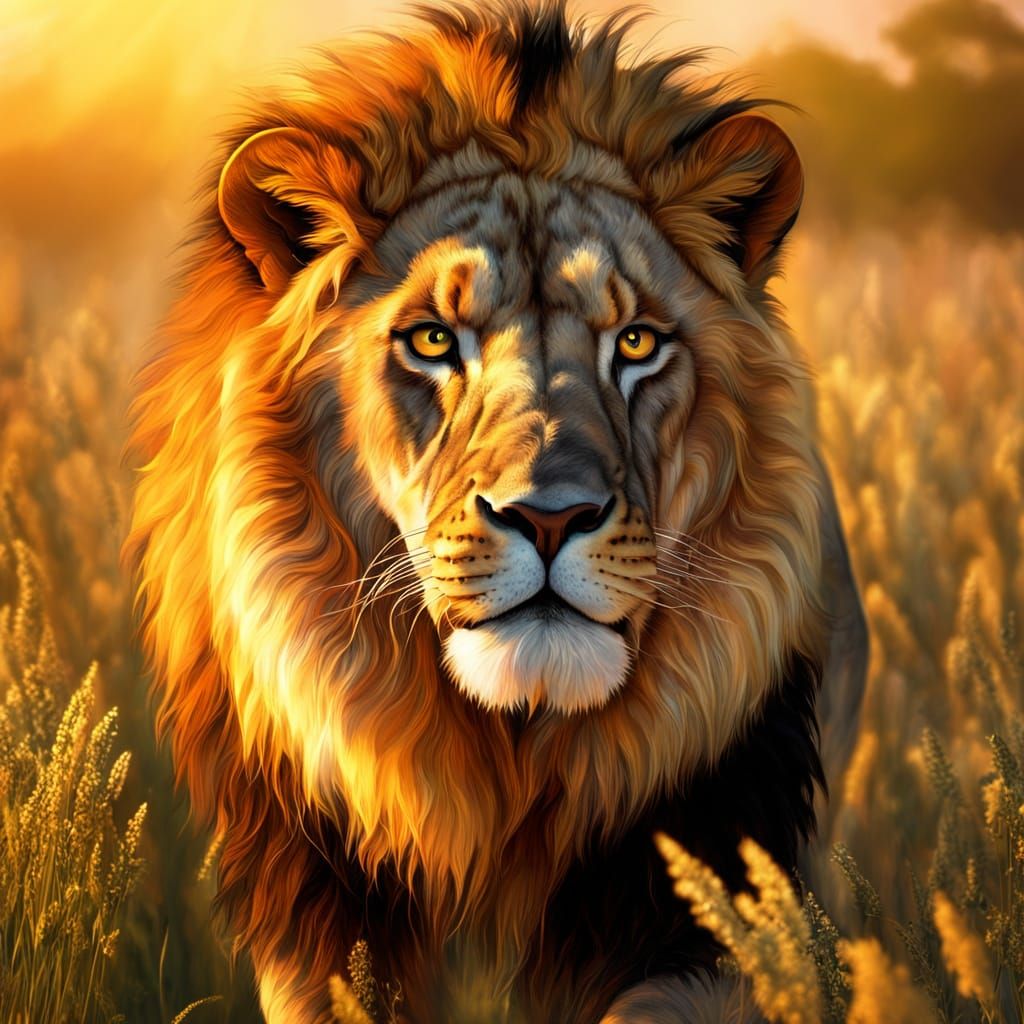 Majestic Lion in Golden Misty Field Oil Painting