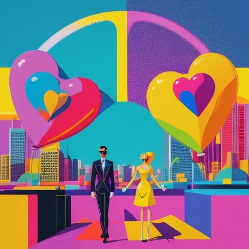 Pop Art Couple Surrounded by Colorful City Buildings