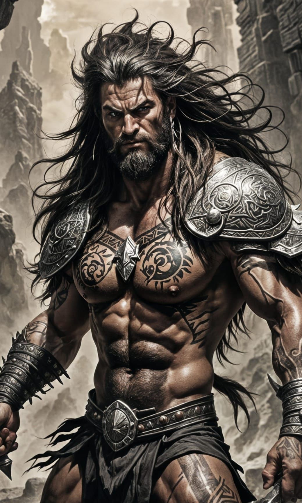 Muscular Barbarian Warrior with Tribal Tattoos