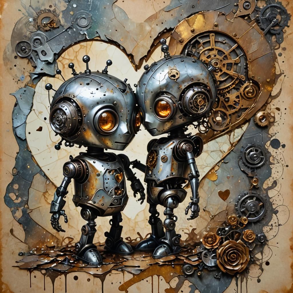Steampunk Robot Love in Rococo Surrealism