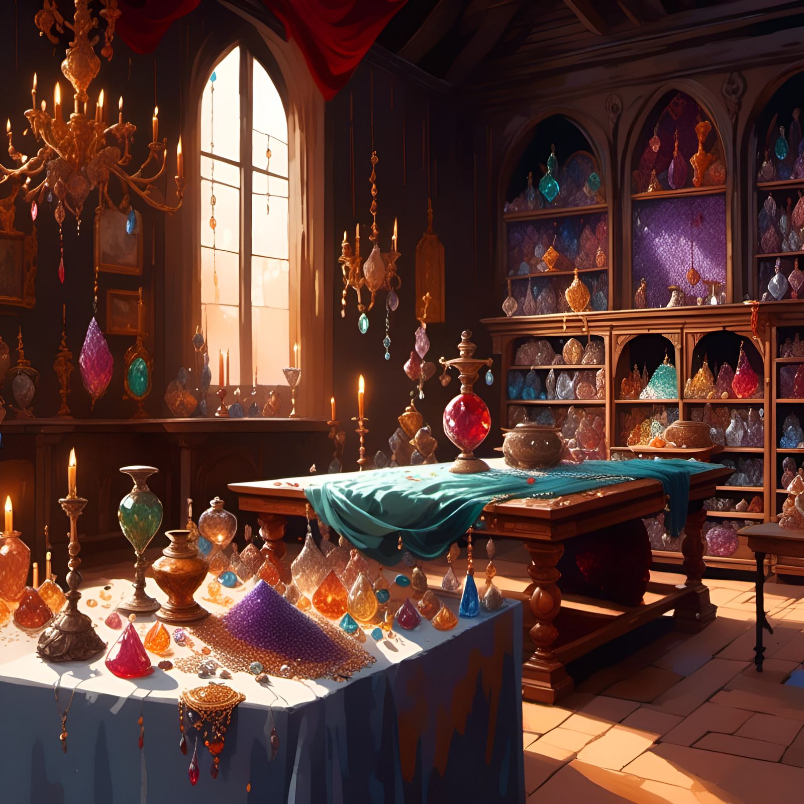 Medieval Shop Table Overflowing with Jewels