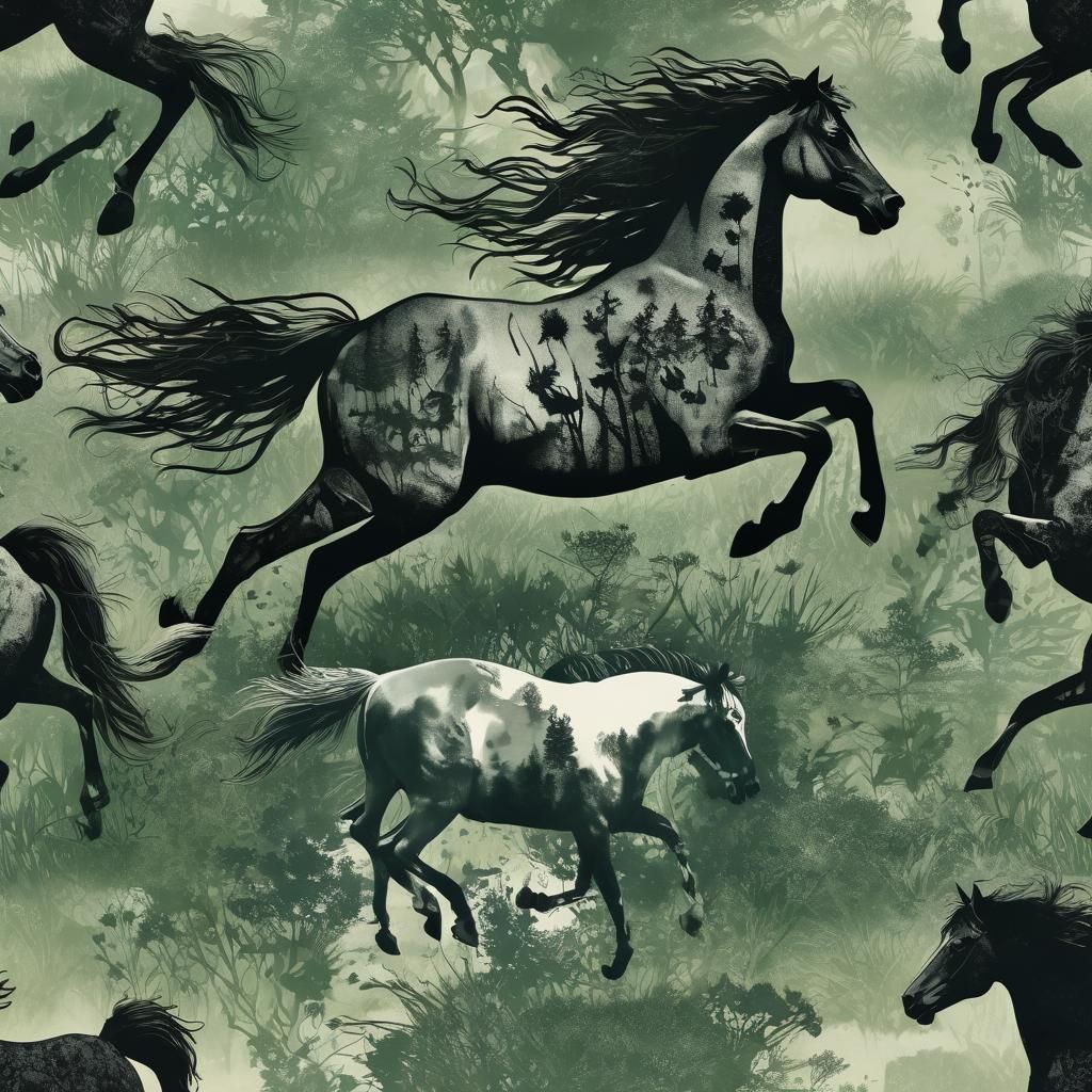 Centaur Silhouette in Double Exposure with Wild Horses