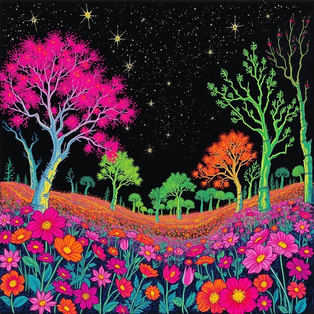 Psychedelic Fantasy Forest with Fluorescent Flora