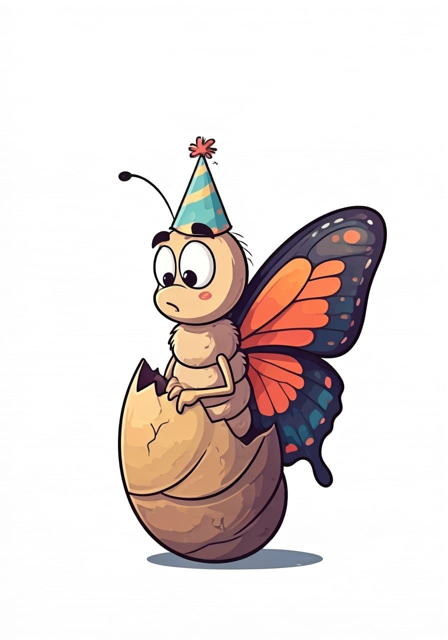 Confused Cartoon Butterfly's First Flight