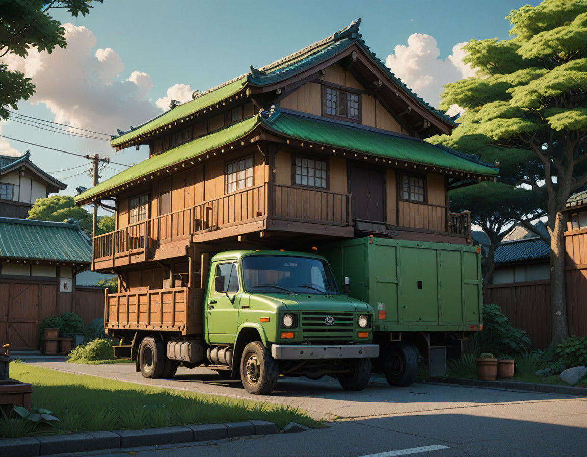 Japanese Fantasy Box Truck with Traditional Wooden Home