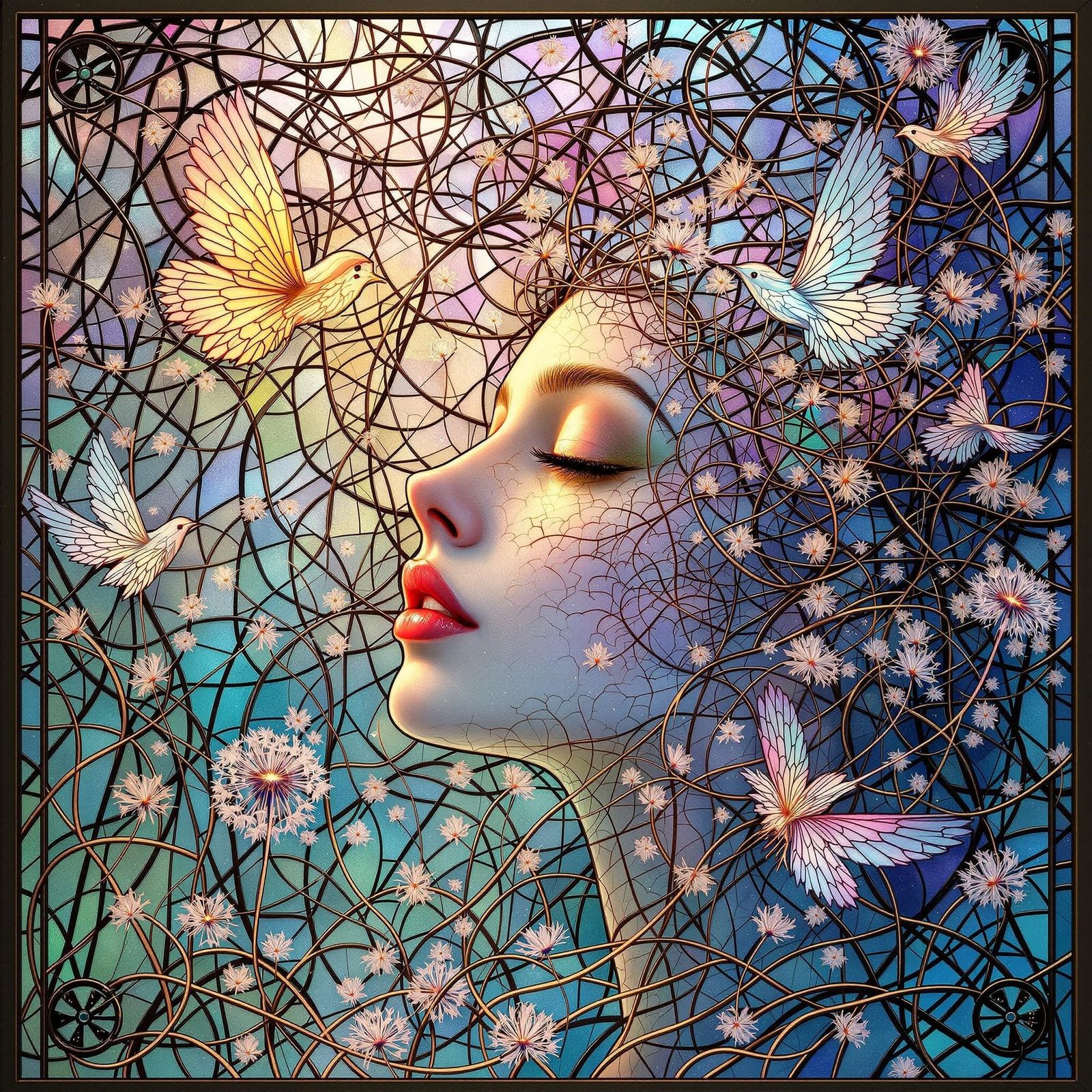 Dreamlike Stained Glass Artwork with Thought-Birds