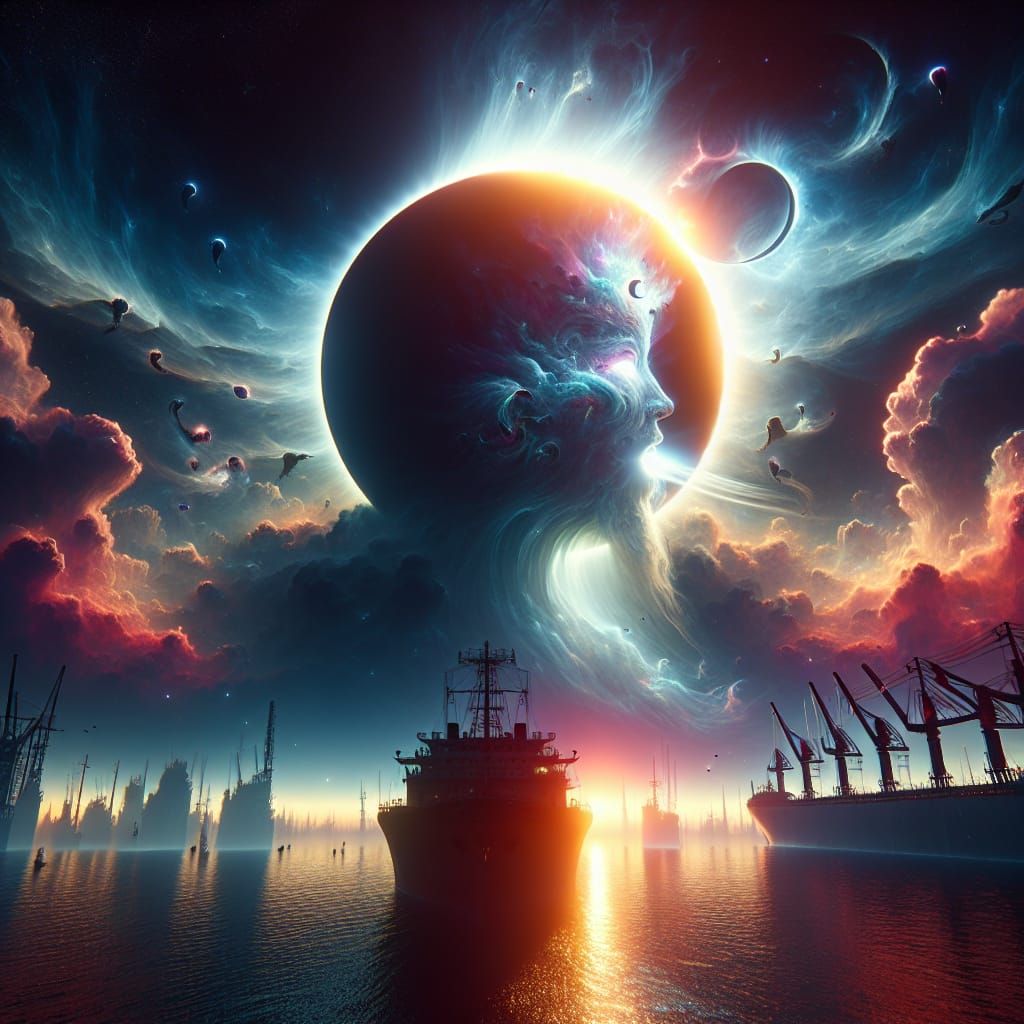 Ocean Solar Eclipse with Deity, Hyper-Realistic 8k