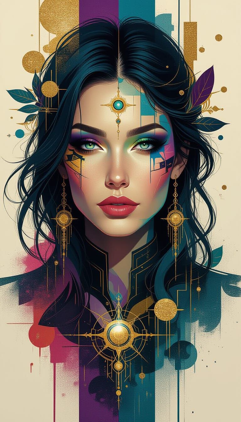 Cyberpunk Shaman: Geometric Abstract Portrait in Gold