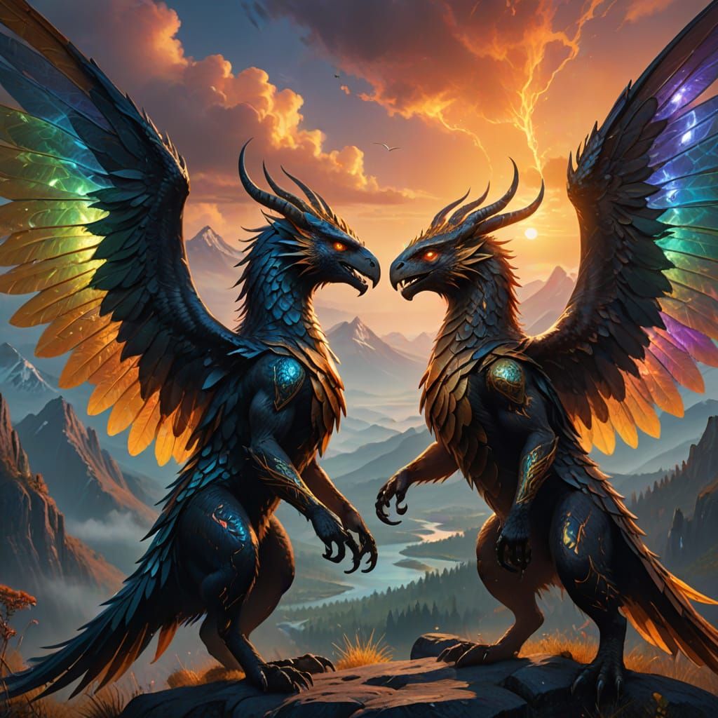 Fantasy Creatures Face Off in Vibrant Oil Painting