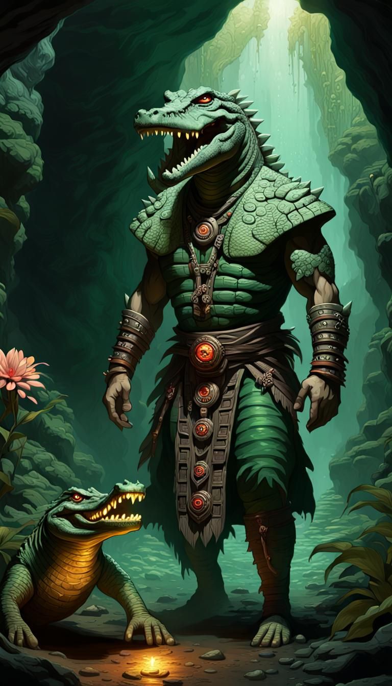 Mayan Crocodile Villain in a Glowing Cave