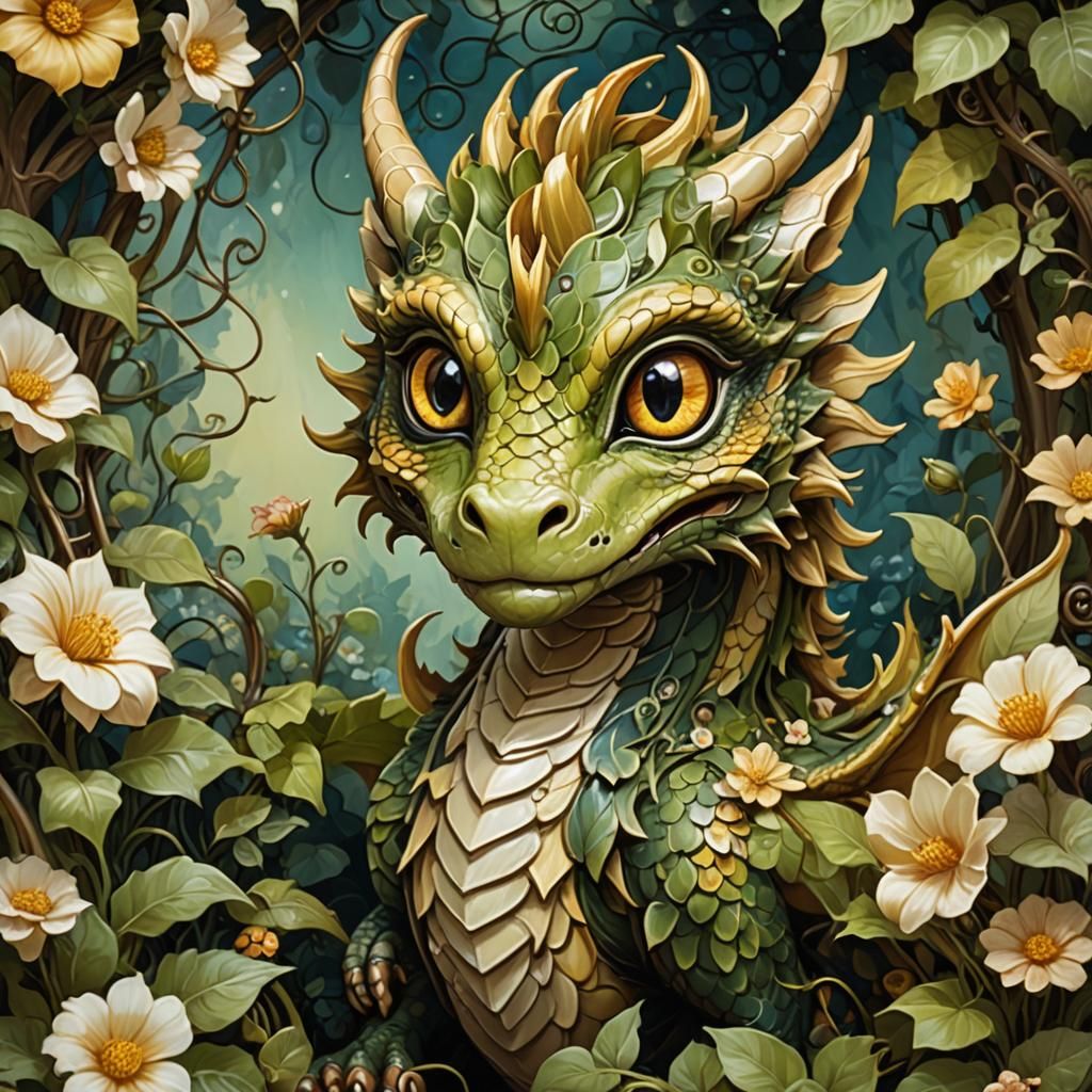 Art Nouveau Chibi Dragon in Fantasy Garden