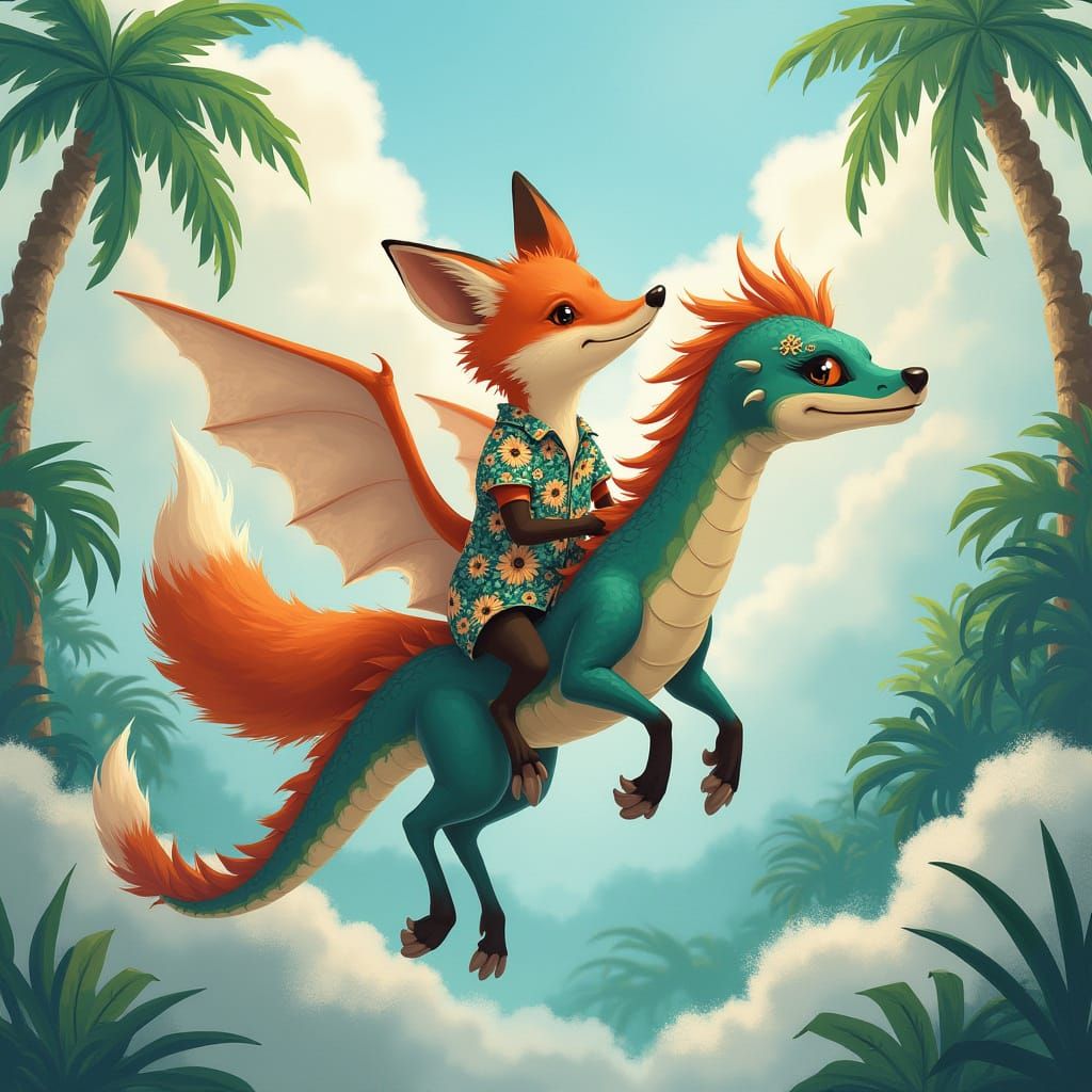 Whimsical Fox Rides Hawaiian Flying Sea Dragon in Tropical P...