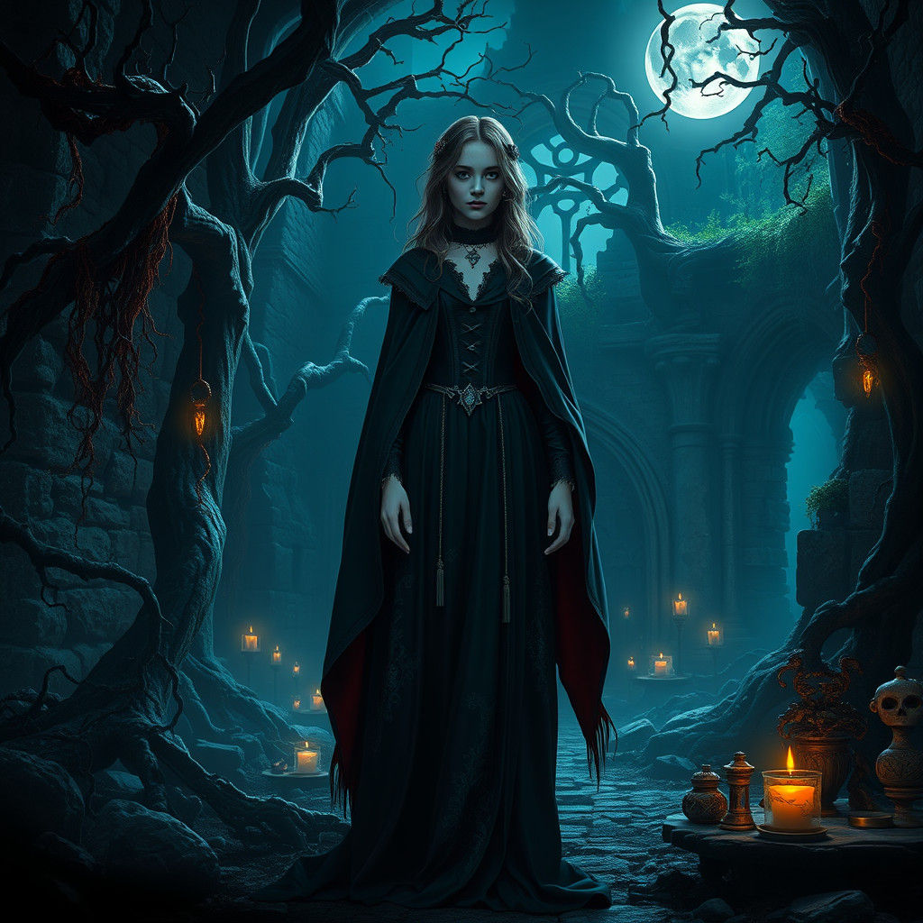 Slytherin Girl in Eerie Castle, Dark Academia Art