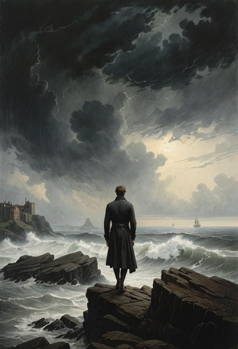 Stormy Seascape with Castle in Romantic Style