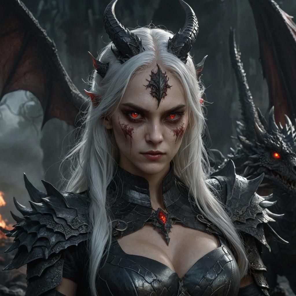 Dragon Hybrid Woman with Red Eyes in Dark Fantasy Art