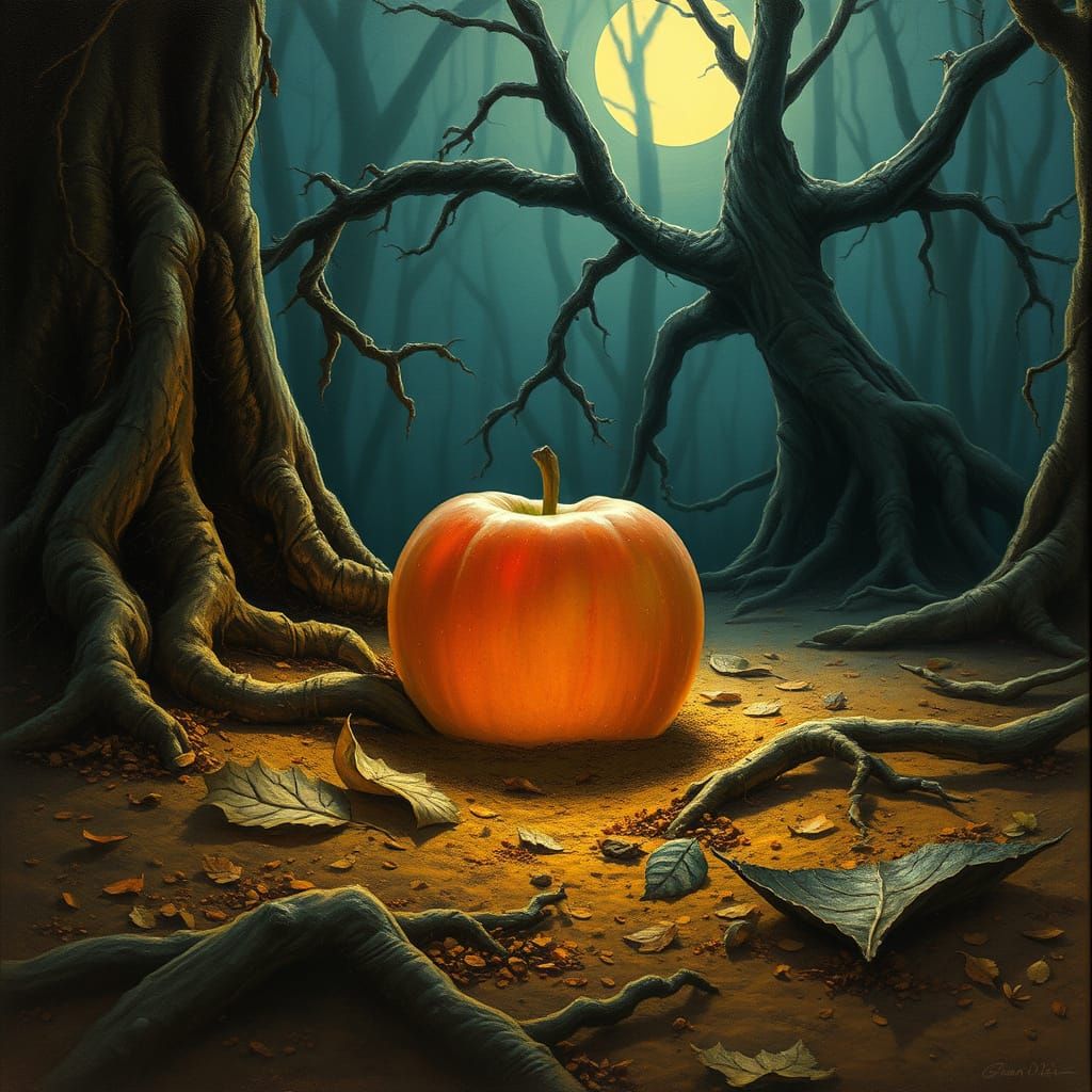 Mystical Apple Emerging from Moonlit Forest Soil