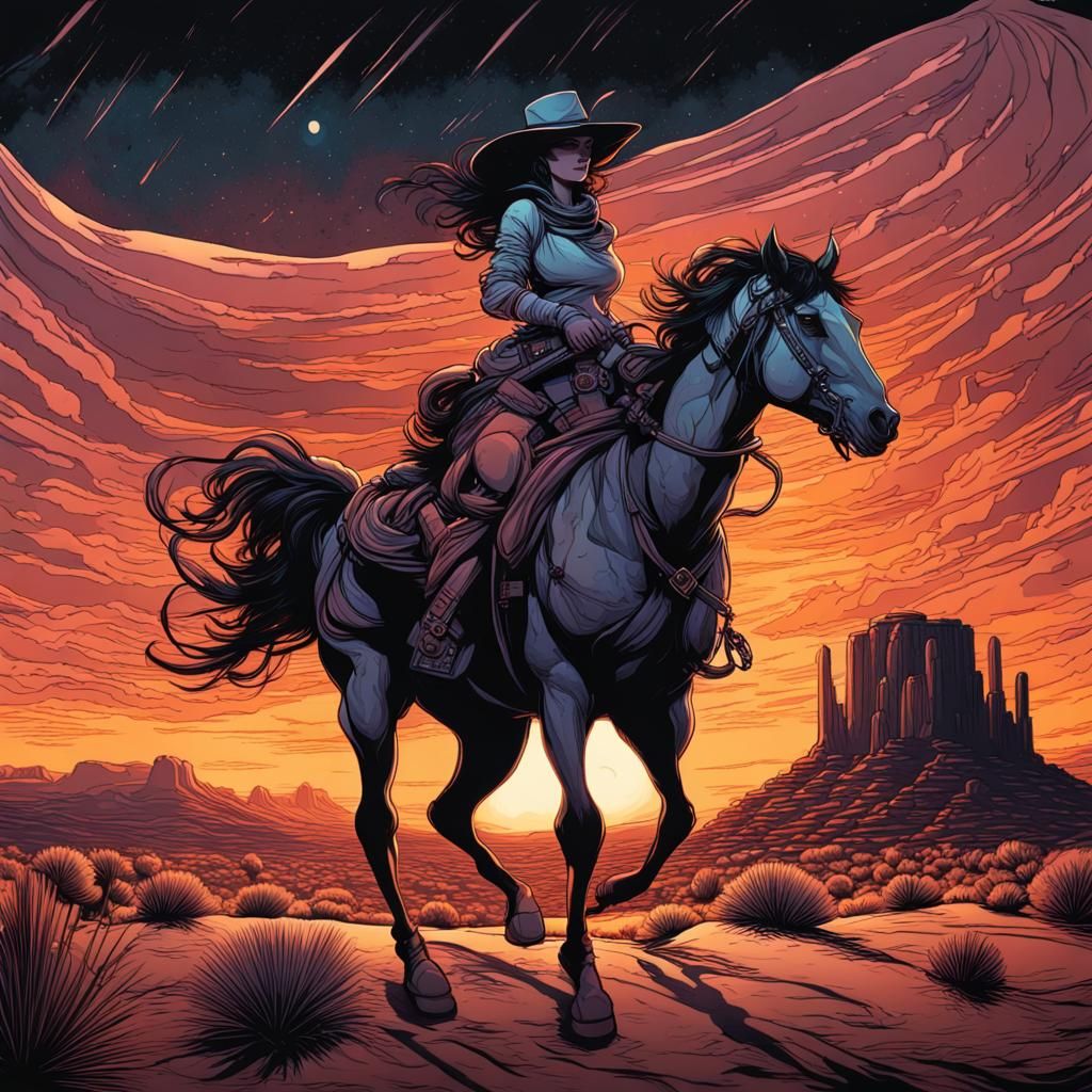 Cowgirl in Desert Sunset Thunderstorm, Cel-Shaded Style