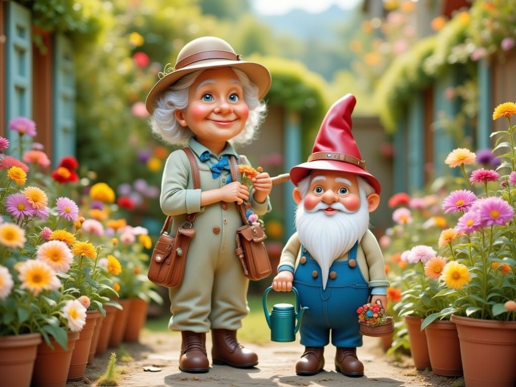 Grandmother and Gnome Friends in Sunny Garden