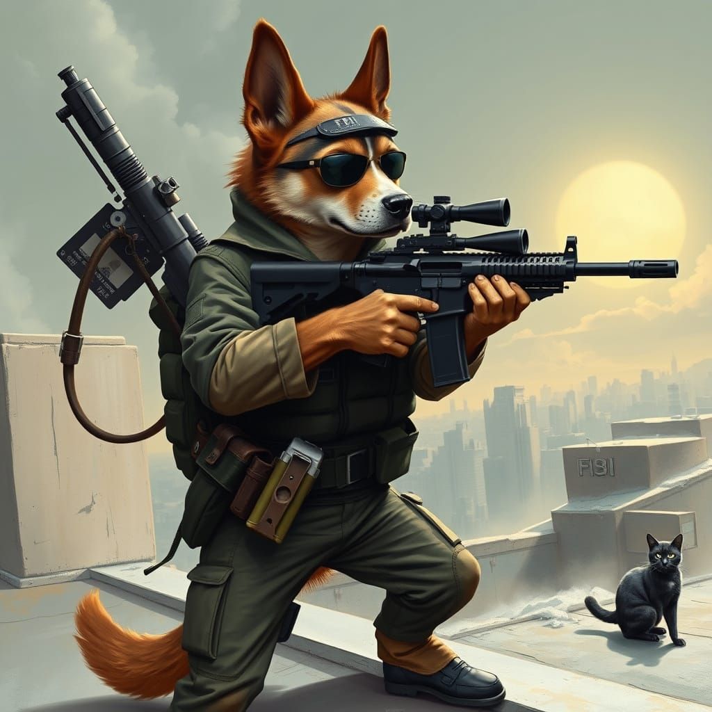Tactical Dog Sniper on Rooftop, Gritty Realism