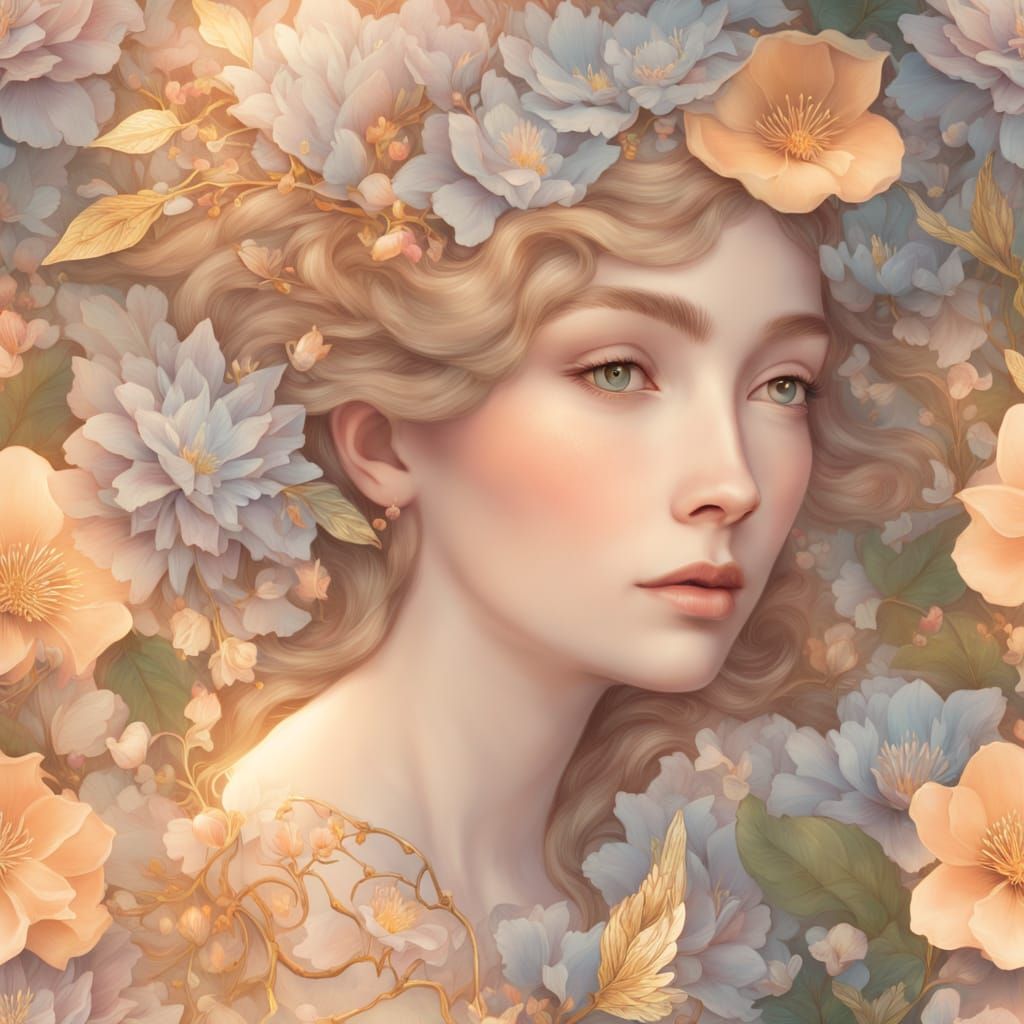 Art Nouveau Goddess Blooms in Golden Dawn Light