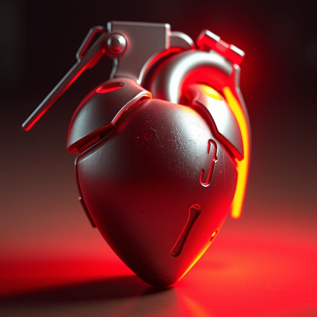 3D anime art. Close-up. An anatomical heart hand grenade about to explode. Macro shot. Inspired by WLOP, Artstation, an...