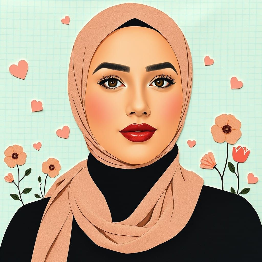 Whimsical Paper Collage Portrait of a Hijabi Woman