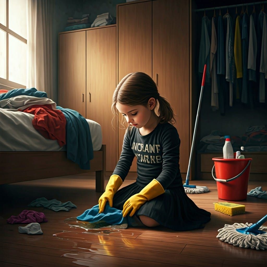 Two Girls Cleaning a Messy Room for Passover in a Hyperdetai...