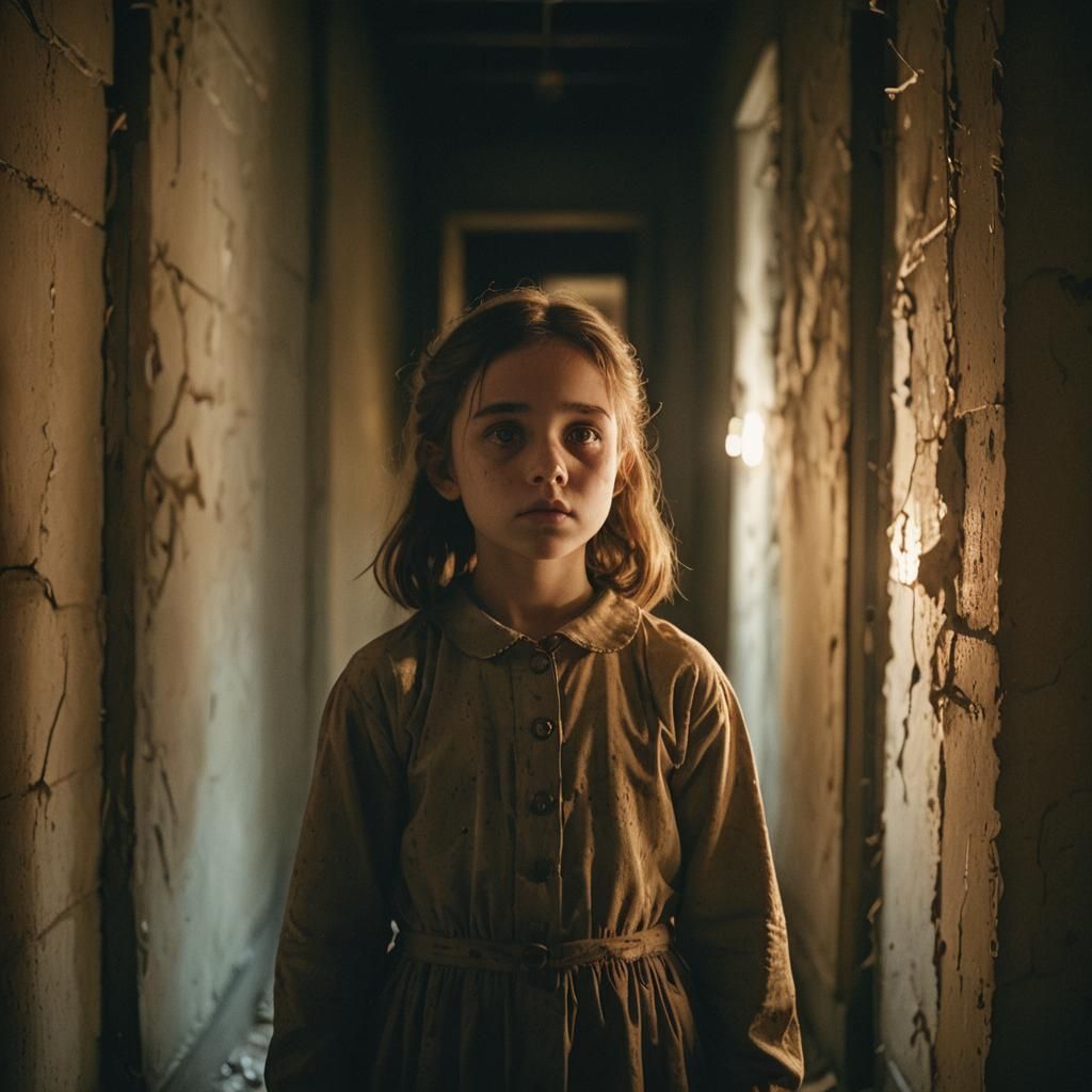 Creepy Girl in Abandoned Hallway: Cinematic Film Still