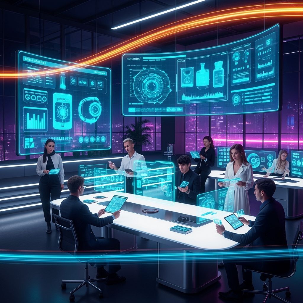 Futuristic Marketing Team in Neon-Lit Office