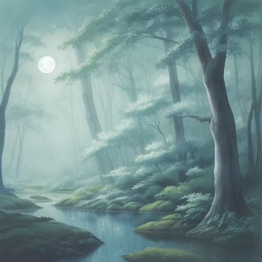 Gray Wolf Howling in Moonlit Forest, Watercolor Manga