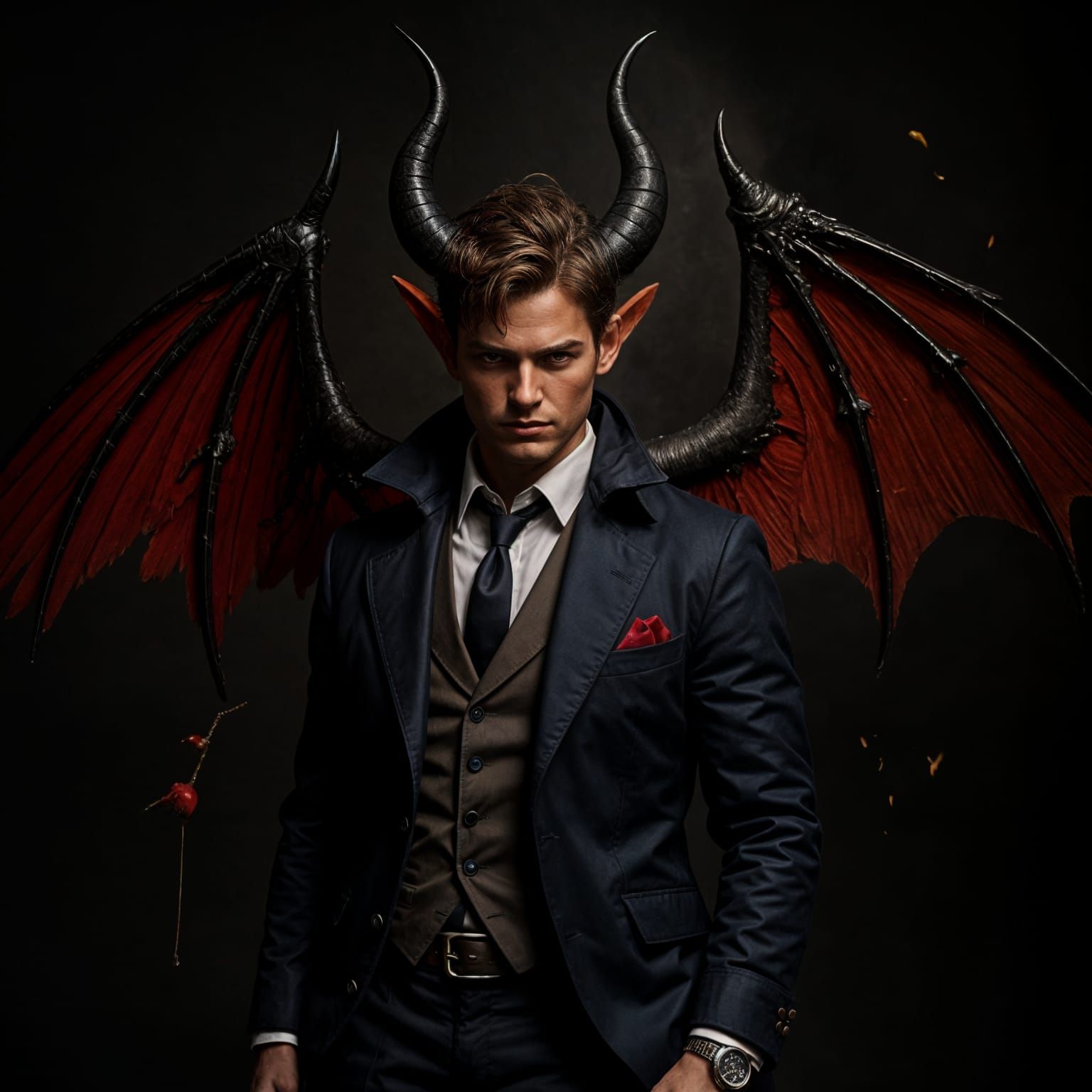 Tiefling Man in Suit with Prominent Horns