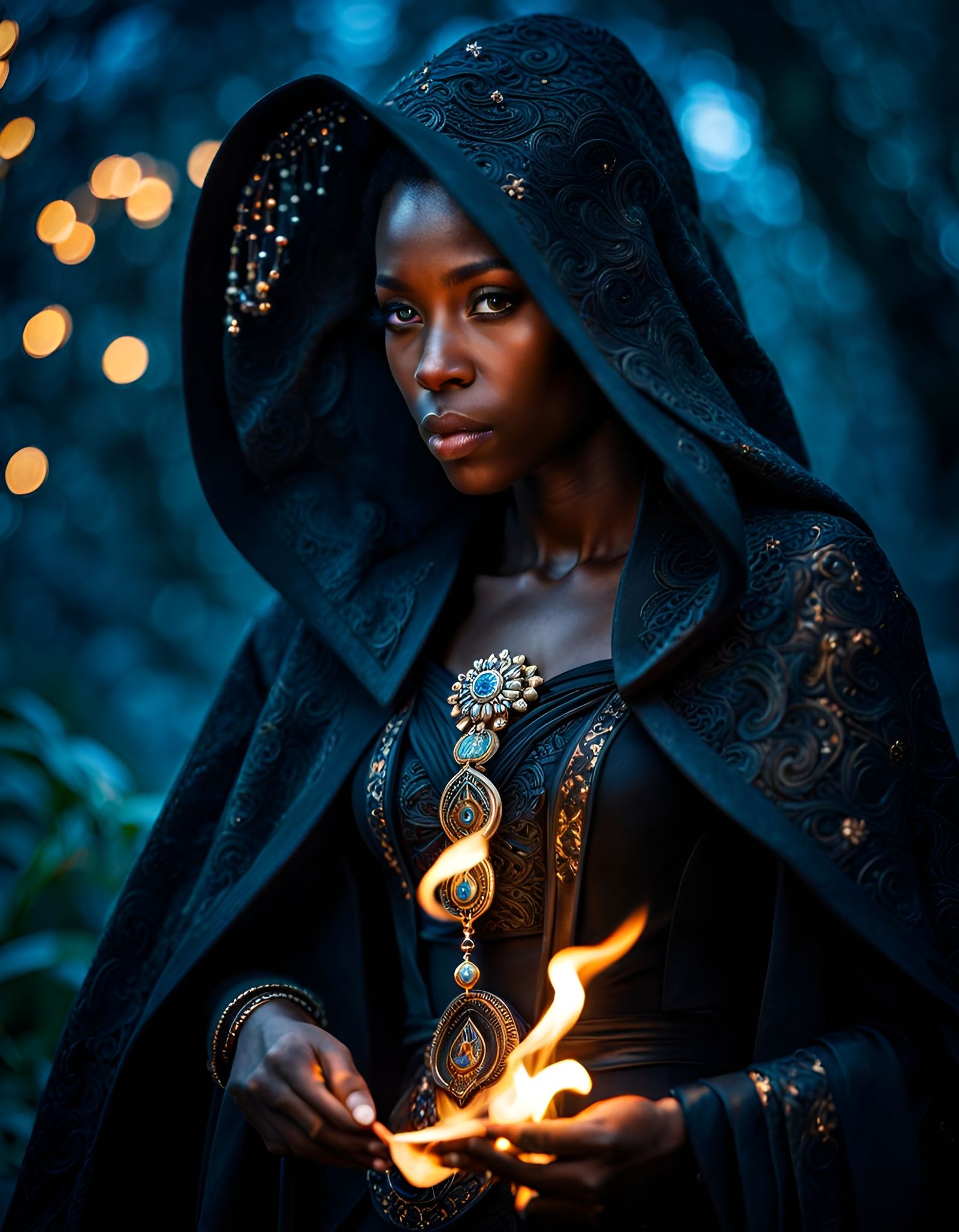 Young Sorceress Conjuring Fire Magic in Cosmic Scene
