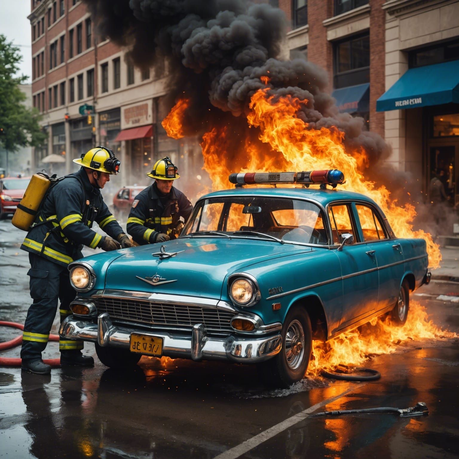 Firemen Extinguishing Car Fire in Hyperrealistic Style