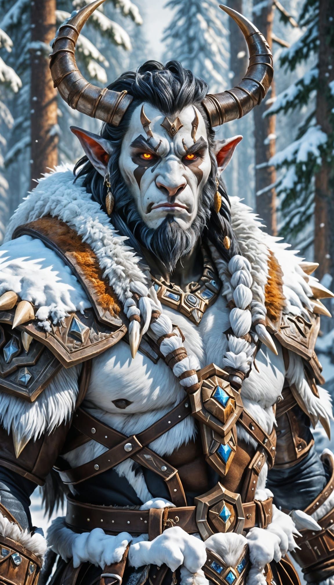 Hyperrealistic Warcraft-Style Furry Warrior in Snowy Forest