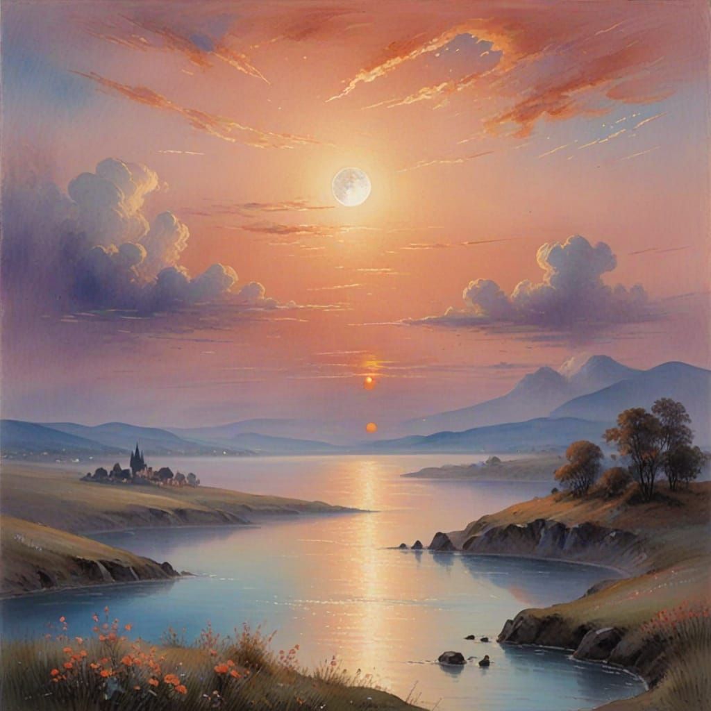 Dreamy Watercolour Sunset with Soft Pink, Orange, and Blue H...