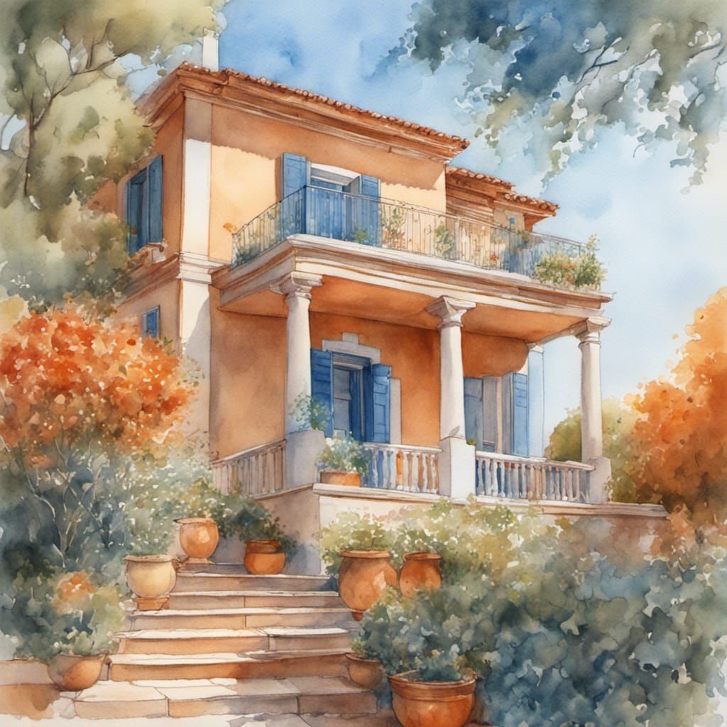 Idyllic Grecian Villa Watercolour Illustration