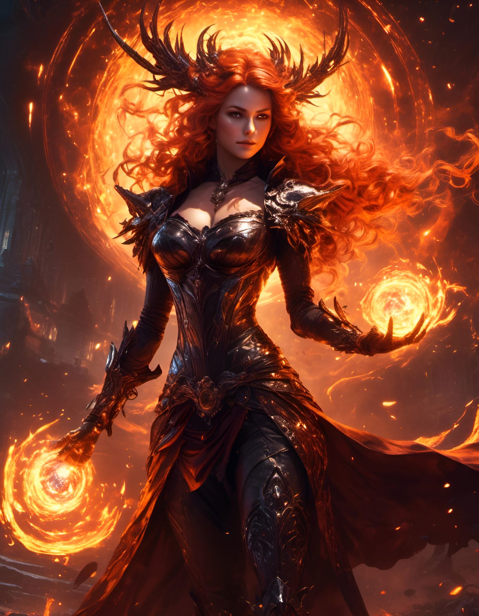 Dark Fantasy Fire Witch Portrait in Hi-Tech Style