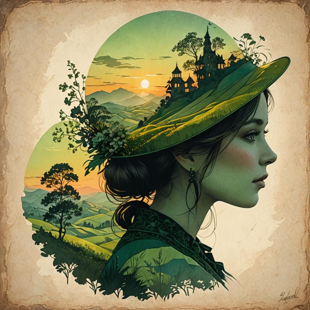 Double Exposure: Girl, Landscape, Spring Green Palette