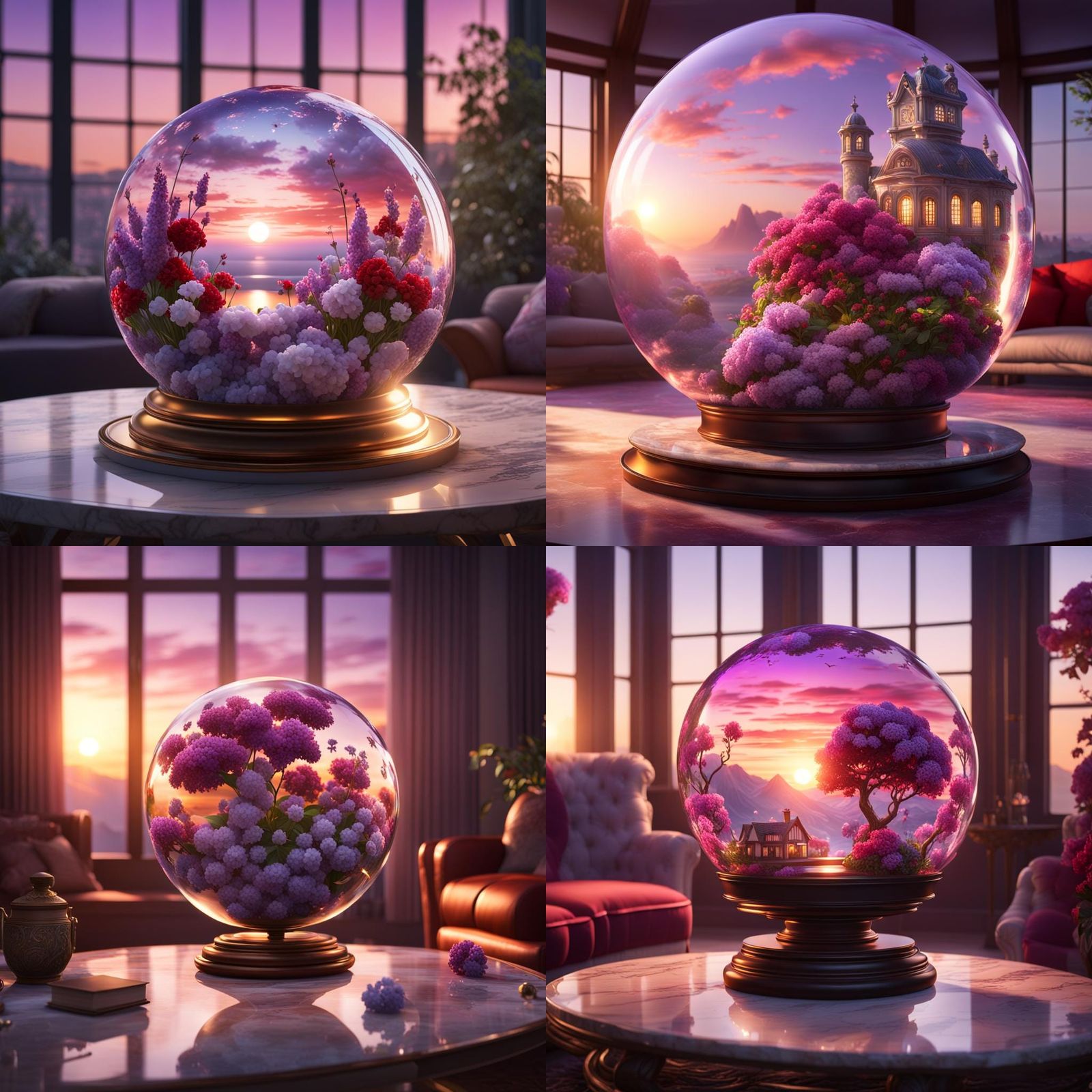 Living Room in Glass Globe with Sunset, Detailed Matte Paint...