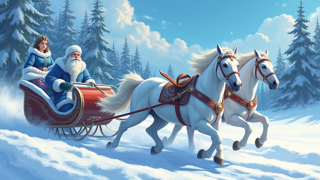 Regal Winter Scene with Father Frost and Snow Maiden on a Sl...