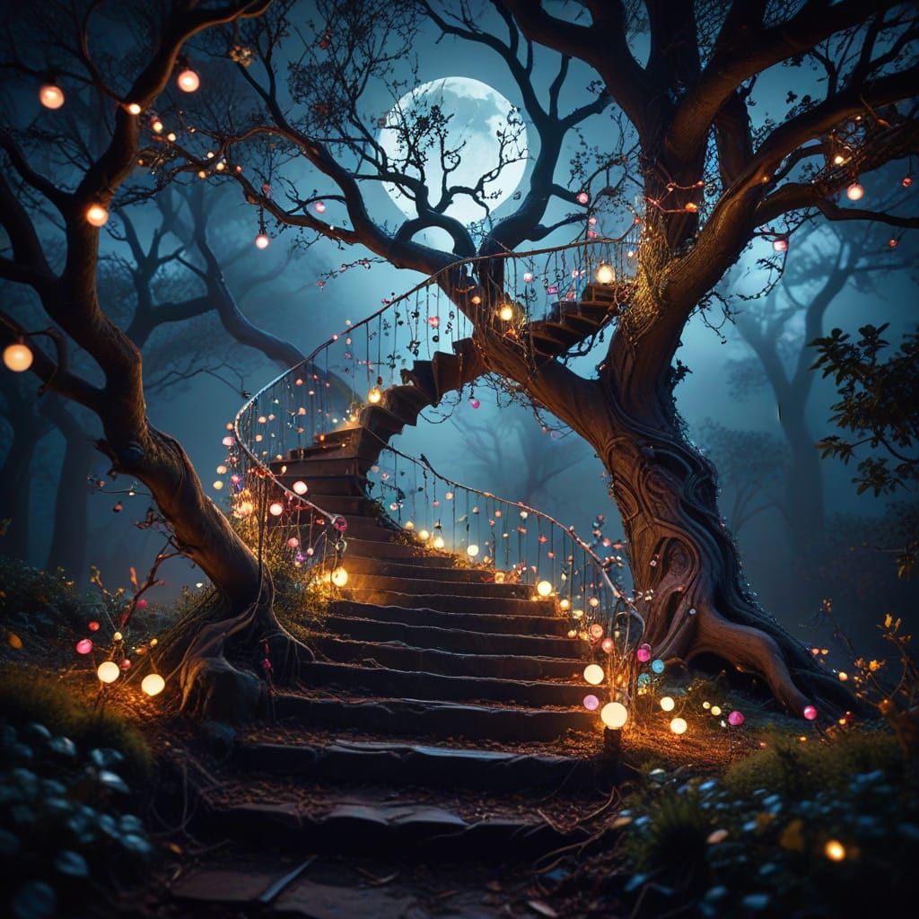 Moonlit Whimsical Stairway in a Twisted Tree