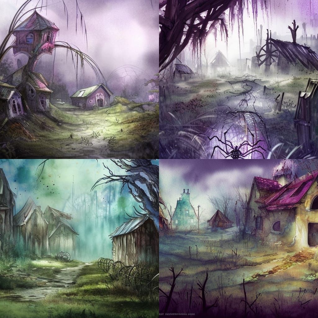 Ethereal Spiderweb Village in Watercolor Style