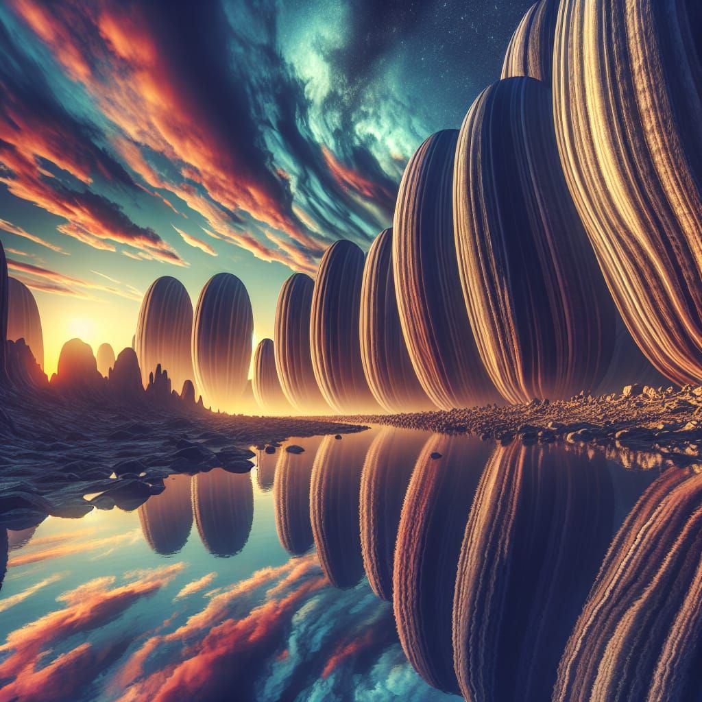 Surreal Landscape with Bean-Like Rock Formations and Mirrore...