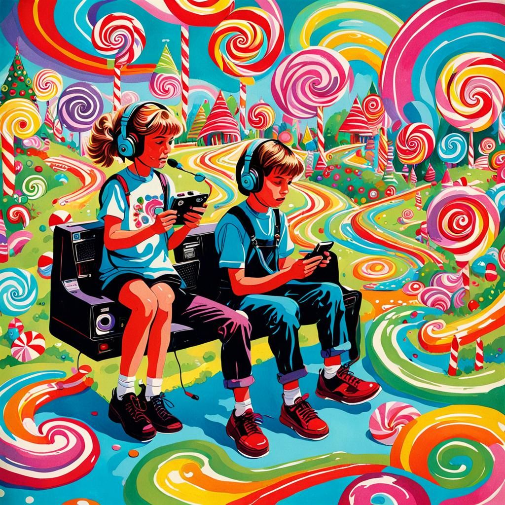 Children Listen to Cassettes in Gouache Wonderland